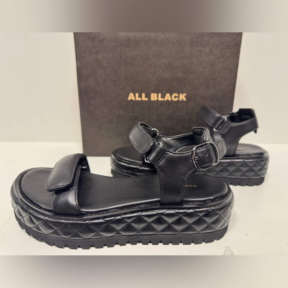 All Black Brand Quilted Pattern Platform Sandals with Adjustable Velcro Straps